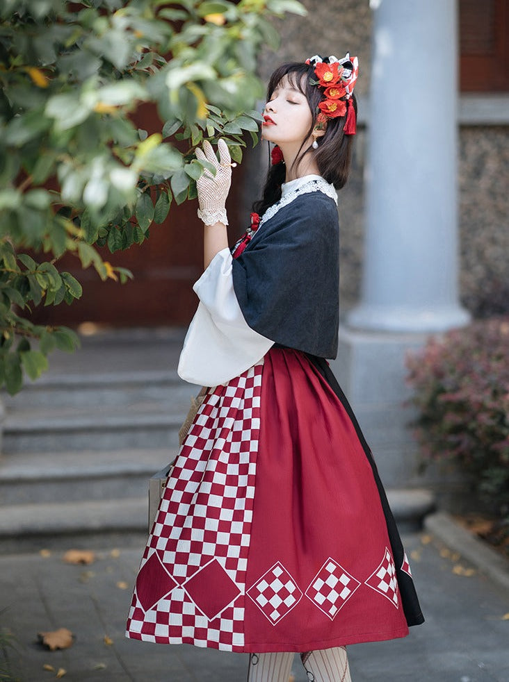 China jumper skirt + trumpet blouse + cape + fur scarf + tassel accessories