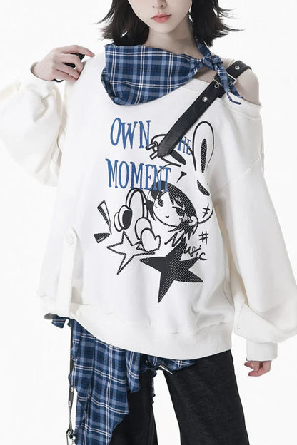 オフショルダースウェットトップス+アシメスカート+ロングパンツ