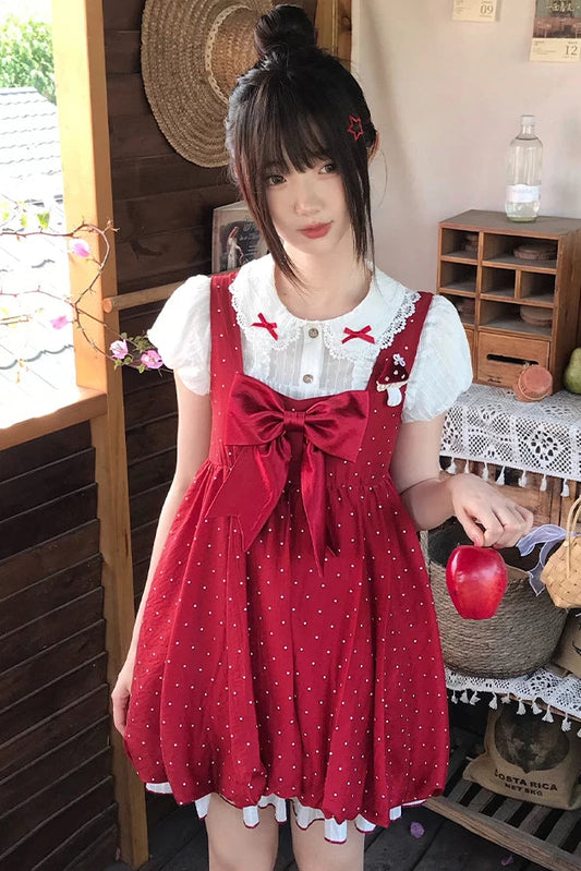 Schleifenkragen-Oberteil + Punktmuster-Trägerrock