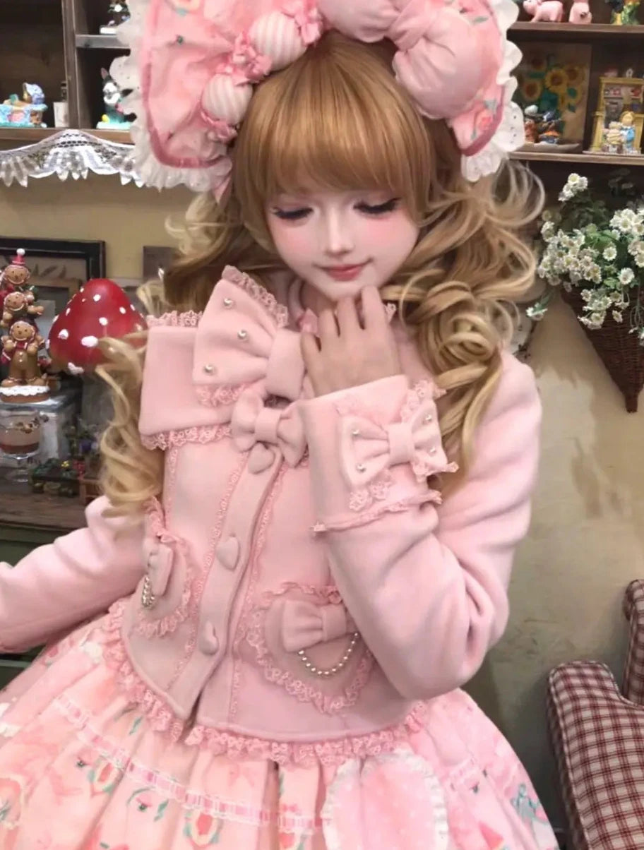 【10月17日予約締切】Pink Sweet Lolita Pearl Bow Lace Short Coat