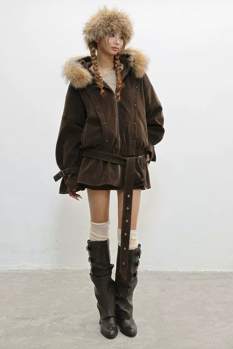 フレンチレトロベルベットファーフードジャケット