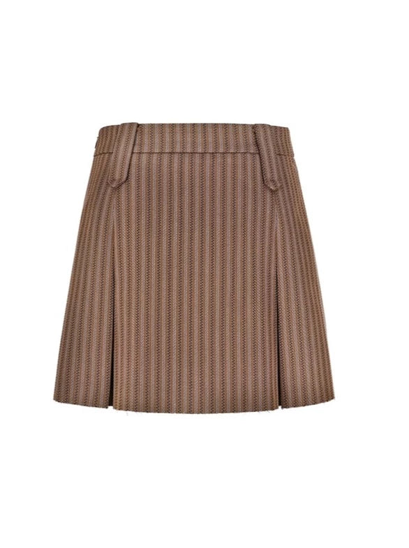 Striped brown blazer + pleated skirt