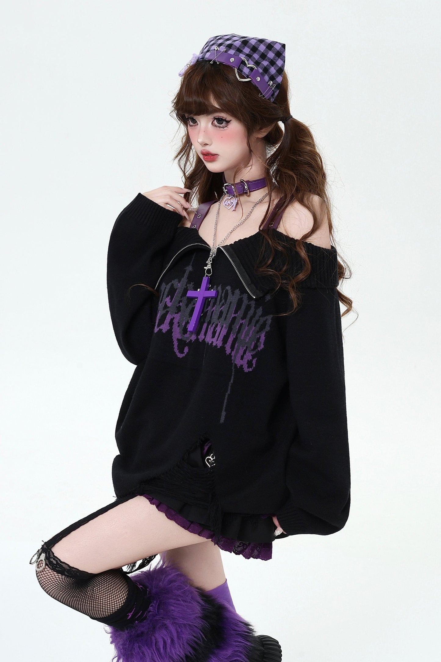 Sub-Black Purple Off-Shoulder Sweater