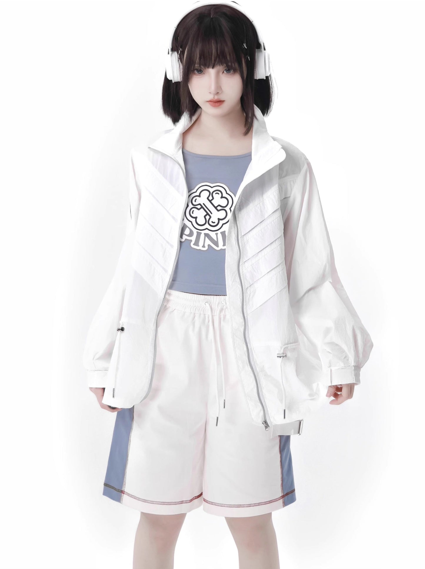 Pinksavior [Summer Invasion] Sunscreen Skeleton Jacket Blue and White Fresh Color Summer Suit
