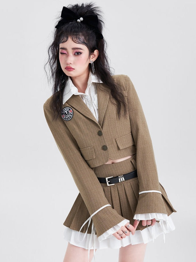 One Point Badge College Jacket + Layered Pleated Skirt