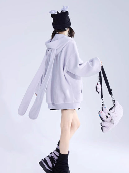 Solid Color Cute Bunny Ears Hooded Sweatshirt Jacket