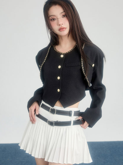 Pleated Short Skirt with Double Belt Design
