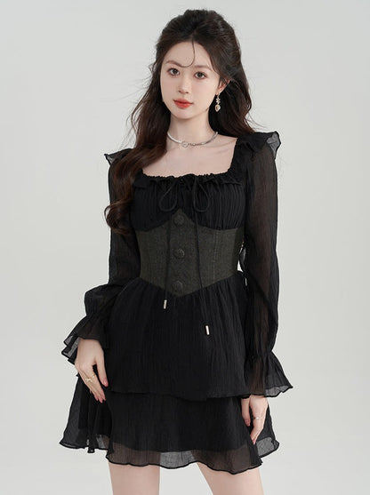 Ruffle Mesh Square Collar Black Dress