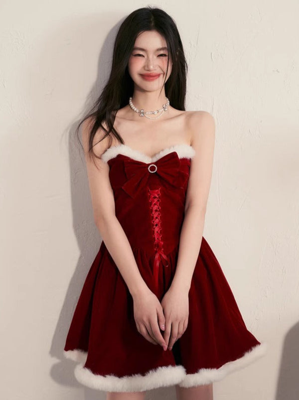 Velvet Stitched Bow Tube Top Dress