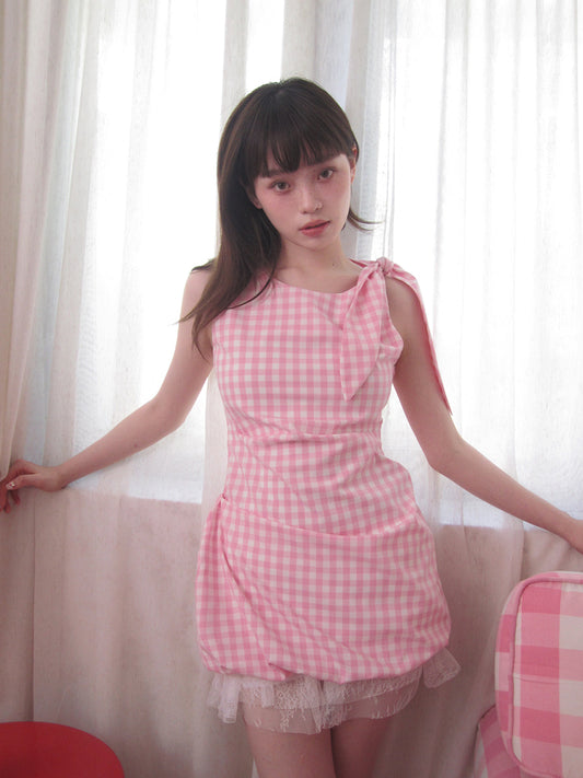 Nancy "Pink Bubble" knotted pleated dress niche design sense sleeveless plaid bud skirt