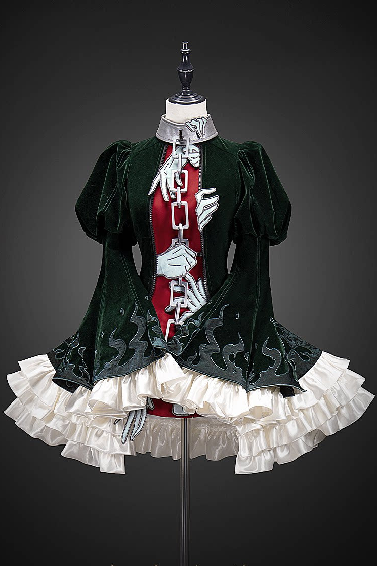 [Pre-order] Dark Green x Red Gothic Prince Velvet Flame 3D Chain Detail Ruffle Lolita Dress