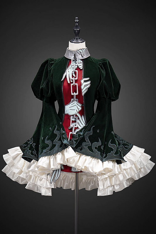 [Pre-order] Dark Green x Red Gothic Prince Velvet Flame 3D Chain Detail Ruffle Lolita Dress
