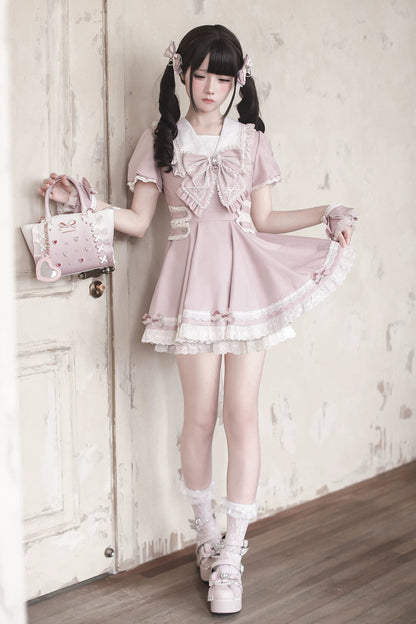[Pre-order Deadline: April 15] Sailor Collar Pink Lace Jewel Ribbon Dress + Accessories