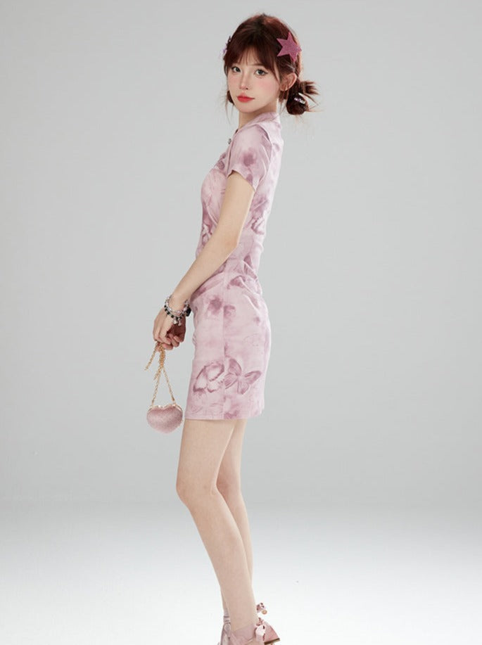 Sweet Pinky Butterfly Short China Dress