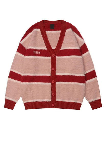 American Retro Striped Contrast Color Cardigan Knit