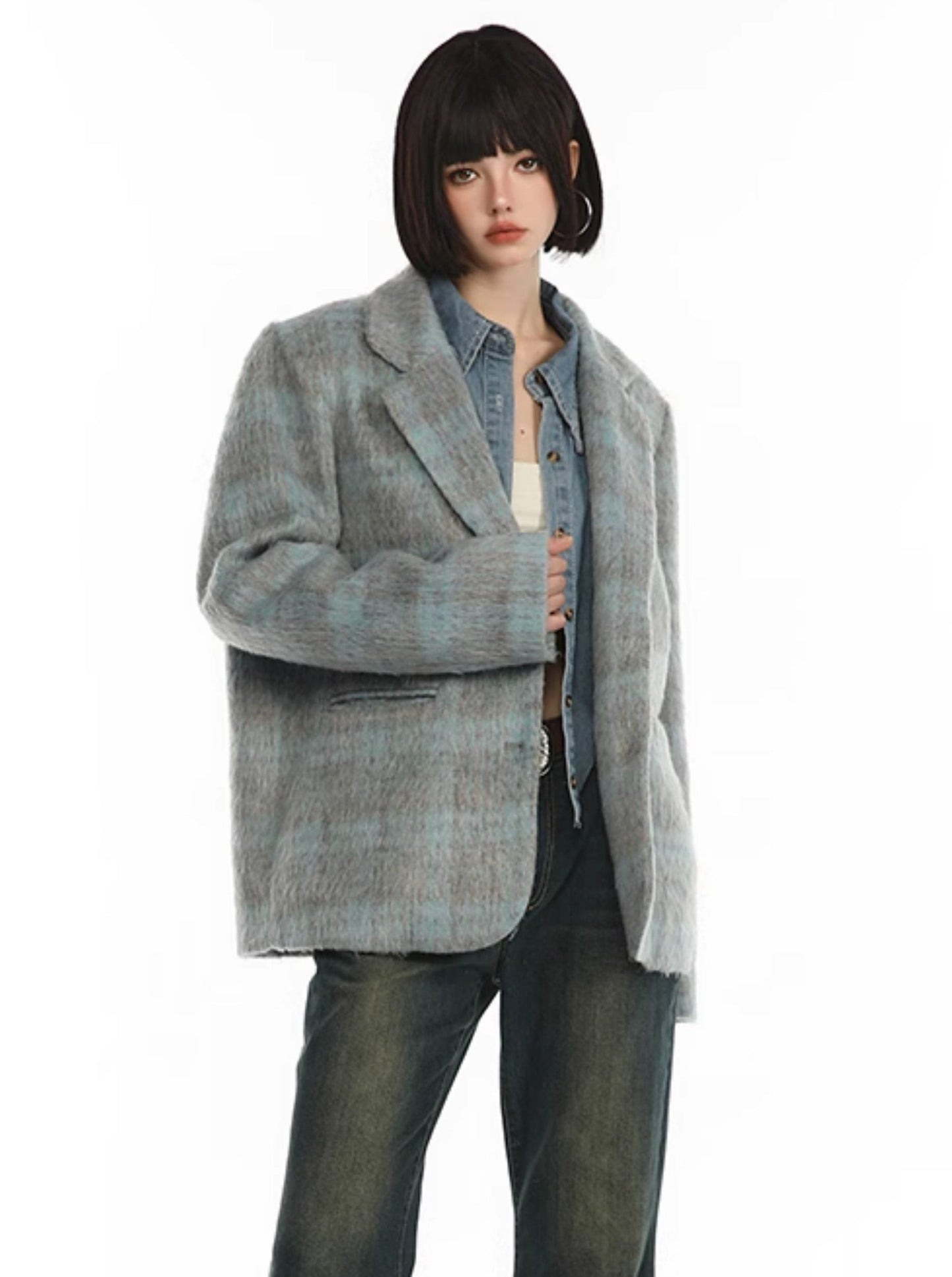 Trendy wool check retro loose jacket