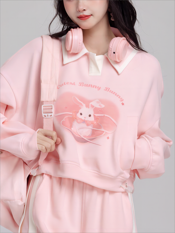 Rabbit Print Polo Collar Short Sweat Top + Pants