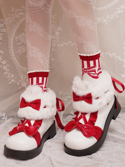 Snow Lolita Mid Heel Color Block Ribbon Sweet Velvet Short Boots