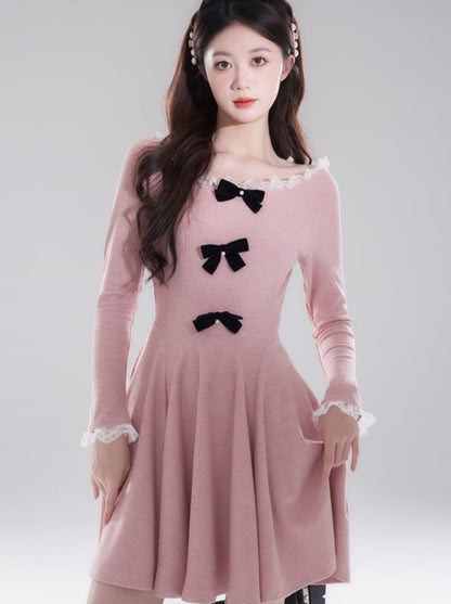 Knit Double Bow Flared Elegant Dress