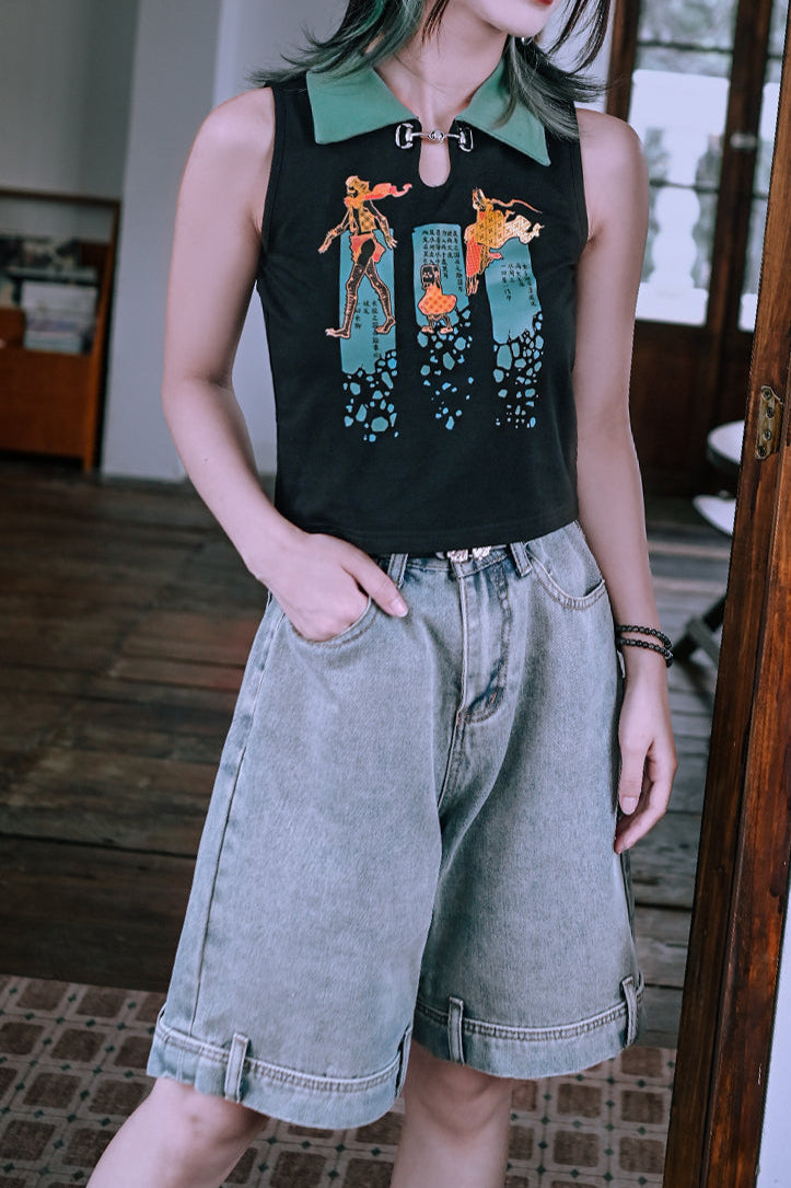 ウォッシュブルーデニムハーフパンツ