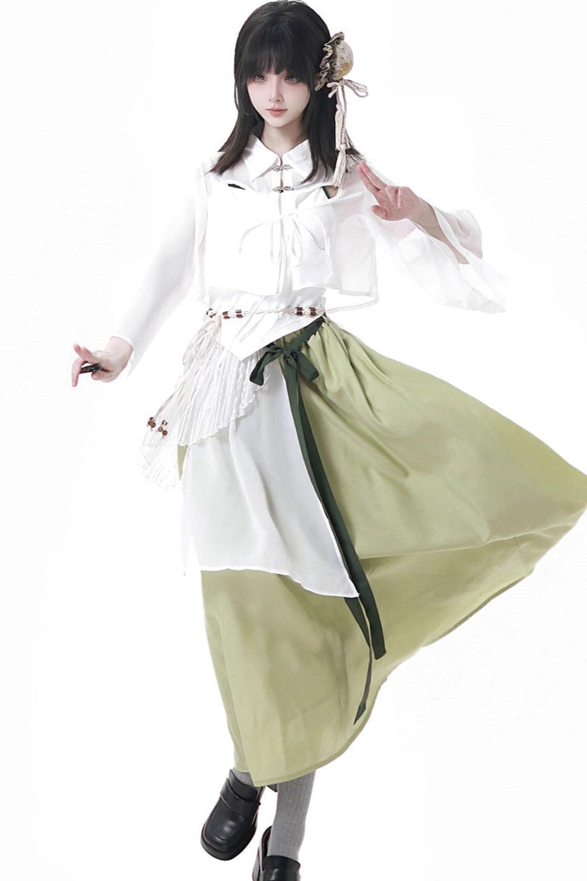 シフォンチャイナシャツ＋キャミソール＋ショートスカート＋ロングスカート＋レッグウォーマー
