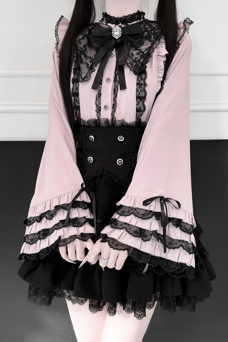 【1月7日予約締切】ジュエルリボンベルスリーブシャツ＋ブラックストライプティアードスカート＋セットアップ