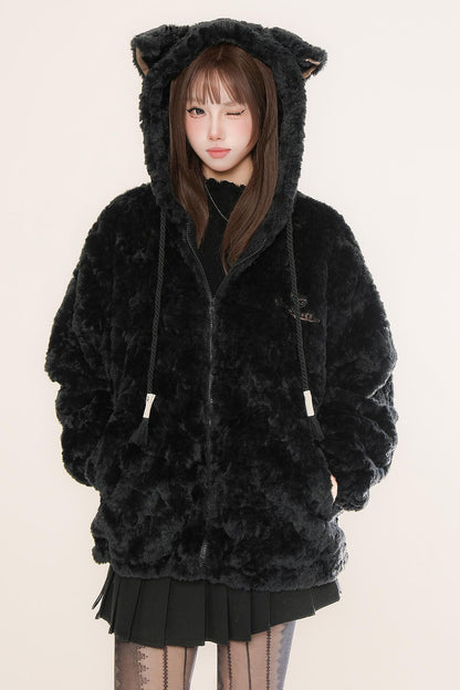 Plush Ear Hooded Warm Jacket