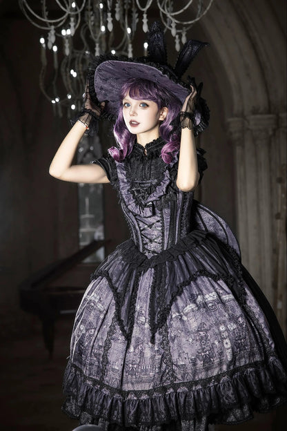 【10月30日予約締切】Purple And Black Gothic Lolita Dress Complete Set [Bunny Ear Hat Version/Witch Hat Version] (Witch Print Bustier Dress + Black Short-Sleeved Blouse + Bat Wing Back Train + Detachable Princess Sleeves)