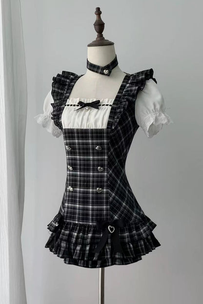 【4月29日予約締切】ブラックチェックフリルリボンパフスリーブミニドレスセットアップ＋チョーカー