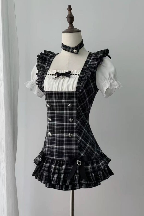 【4月29日予約締切】ブラックチェックフリルリボンパフスリーブミニドレスセットアップ＋チョーカー