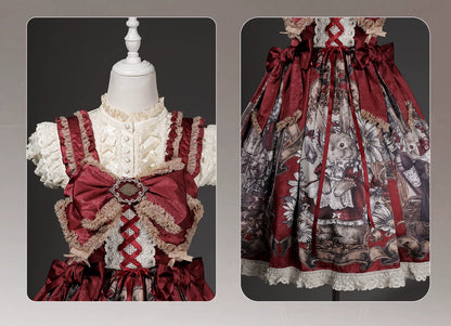 [Date limite de précommande : 7 août] Ensemble complet robe JKS vintage rouge à imprimé lapin histoire avec ruban antique + chemise à volants + manchettes lacées