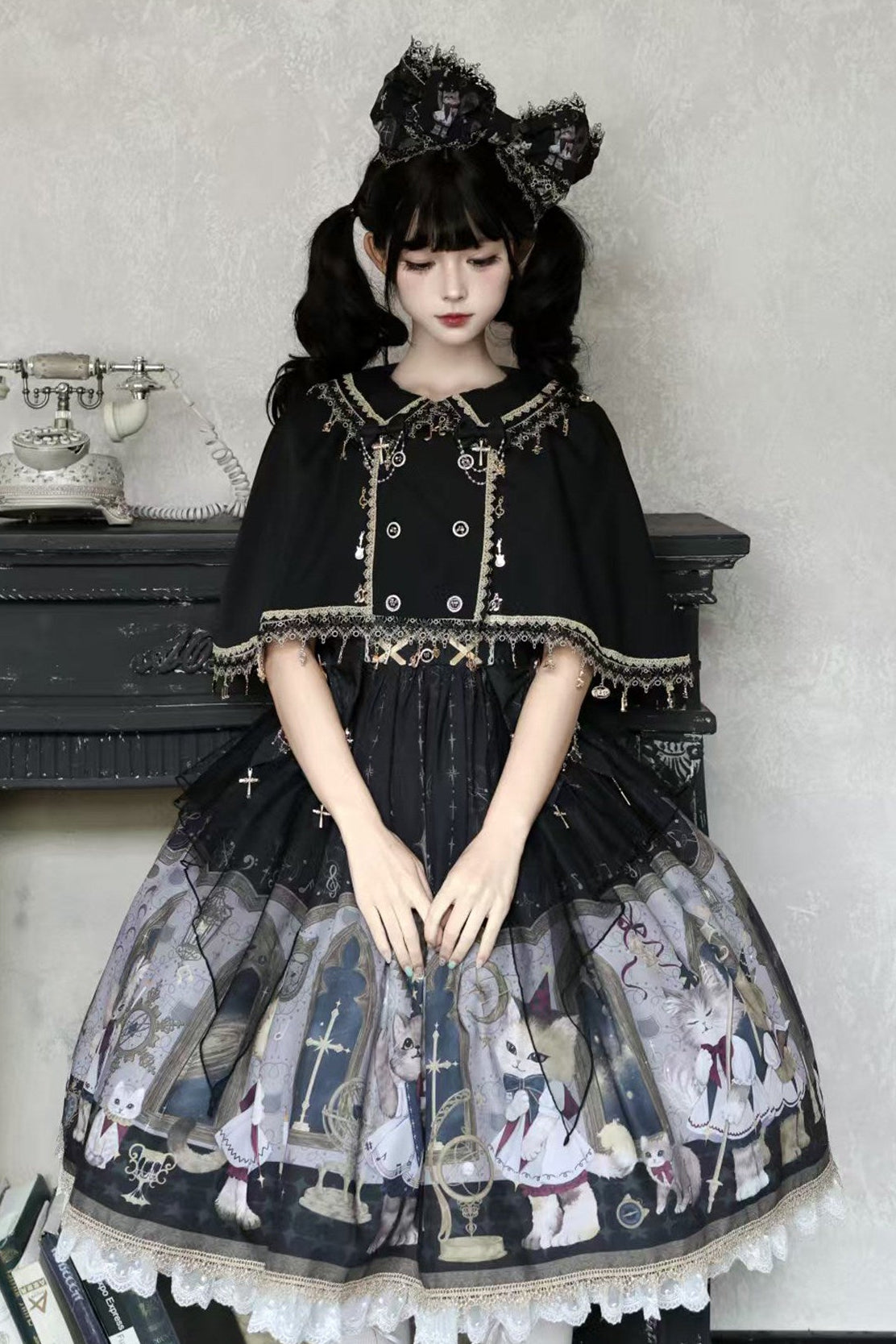 Reservation Deadline: December 26 Black Gold Gothic Lolita Cat Choir Series Accessories (Cat Ear BB Hat + Back Ribbon Train + Pair of Side Ribbons with Musical Note and Cross Motifs + Cat Print Ribbon KC + Black Cat Ear Lace Mini Hat)
