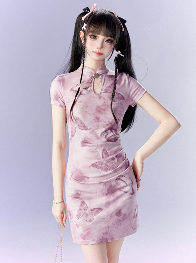 Sweet Pinky Butterfly Short China Dress