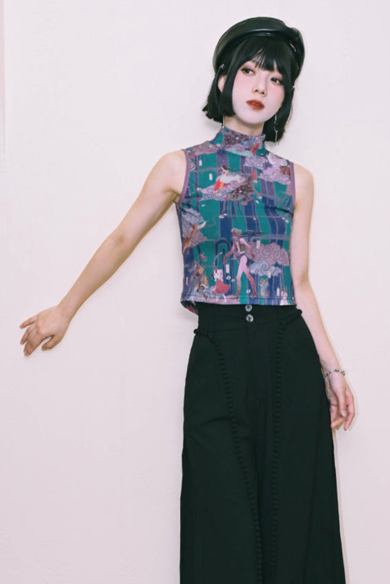 プリントメッシュハイネックノースリーブトップス