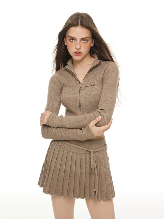 Slim fit short zipper sweater cardigan + pleated skirt