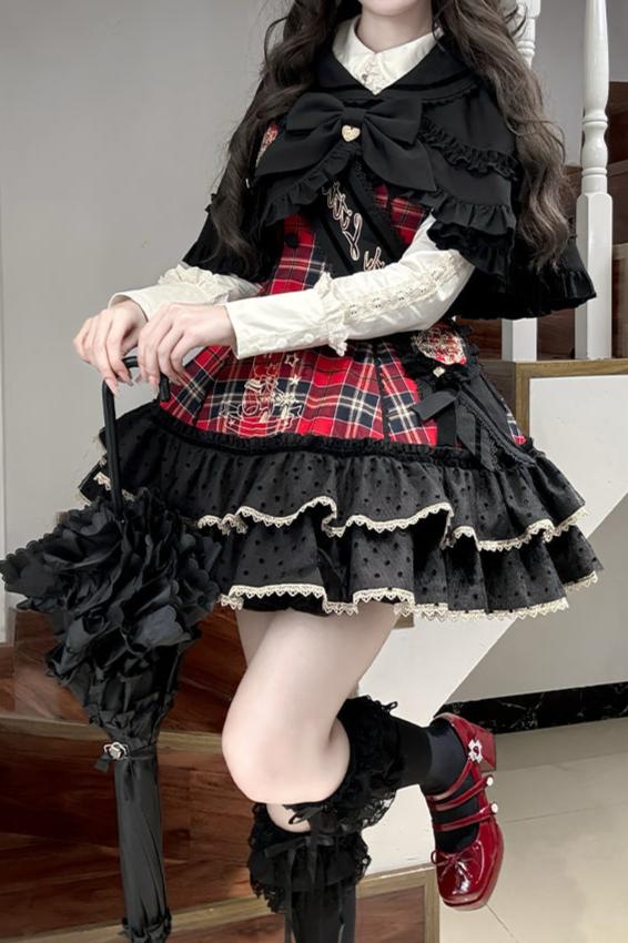 [Reserved product] Sweet Tea Bearitle Idol Check Dress Cape Suit