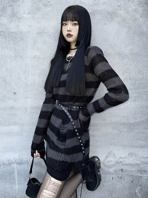 Punk style subculture striped hole knit sweater + inner cami dress + belt