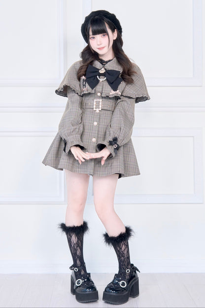 【予約商品】チェックアンドブラックケープショートトレンチクラウンリボンコート