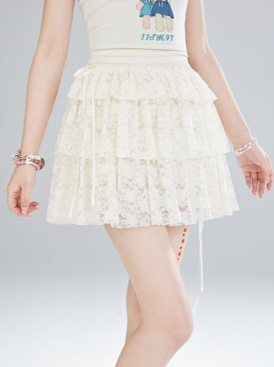 Limited time 9% off 11SH97 Flower lace puffy skirt summer sweet girl double layer A-line cake skirt