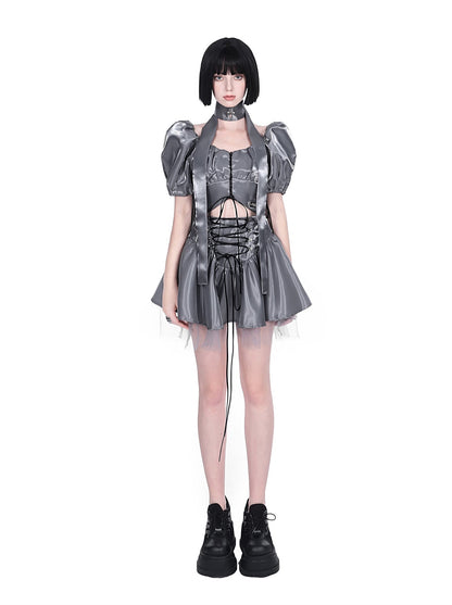 Cyberpunk glitter setup cross neck stole + puff sleeve short top + lace up tulle skirt