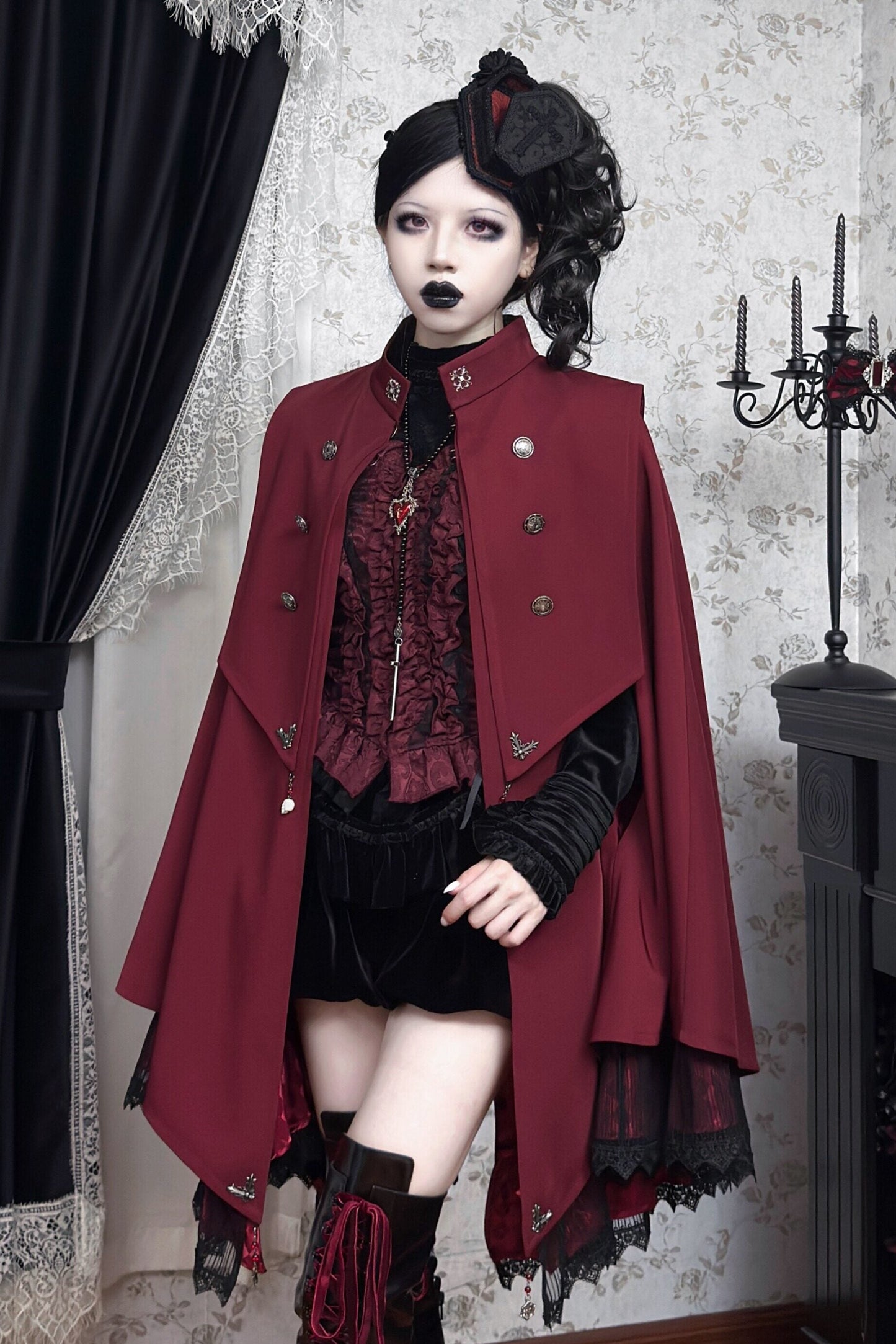 【9月5日予約締切】Dark Red/Dark Green Gothic Chain Layered Lace Cape Coat(Short Length/Long Length)