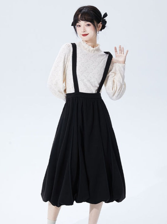 Monotone High Waist Suspender Skirt