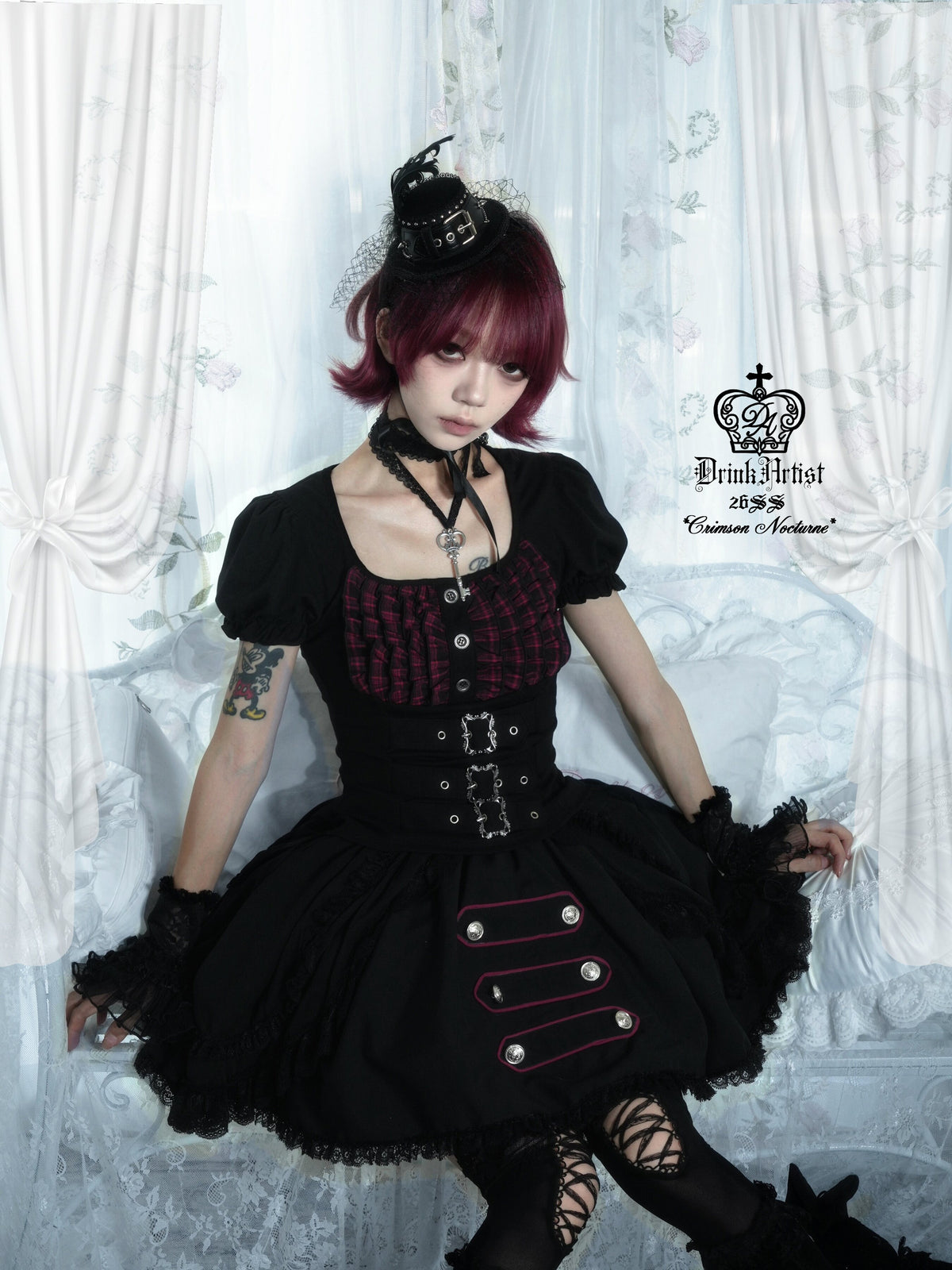 Original from Jiuyu Market: Black and Red Plaid Puff-Sleeve Knit Top with Military-Style Mesh Cake Skirt Set