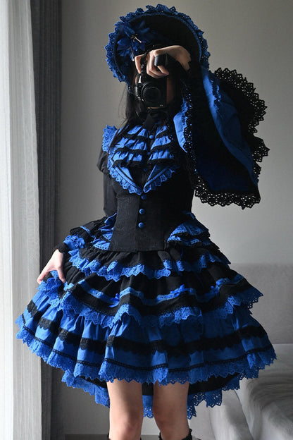 [Vorbestellfrist: 13. Juli] Kleinblaue Gothic-Lolita-Rüschen-Stufenkleid-Komplettset
