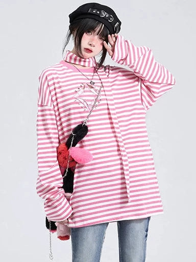 Long T with Hollow Out Pin Decoration Loose Stripe Scarf