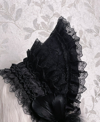 Black Mist Banquet Gothic Cross Rose Bonnet + Veil + Brooch