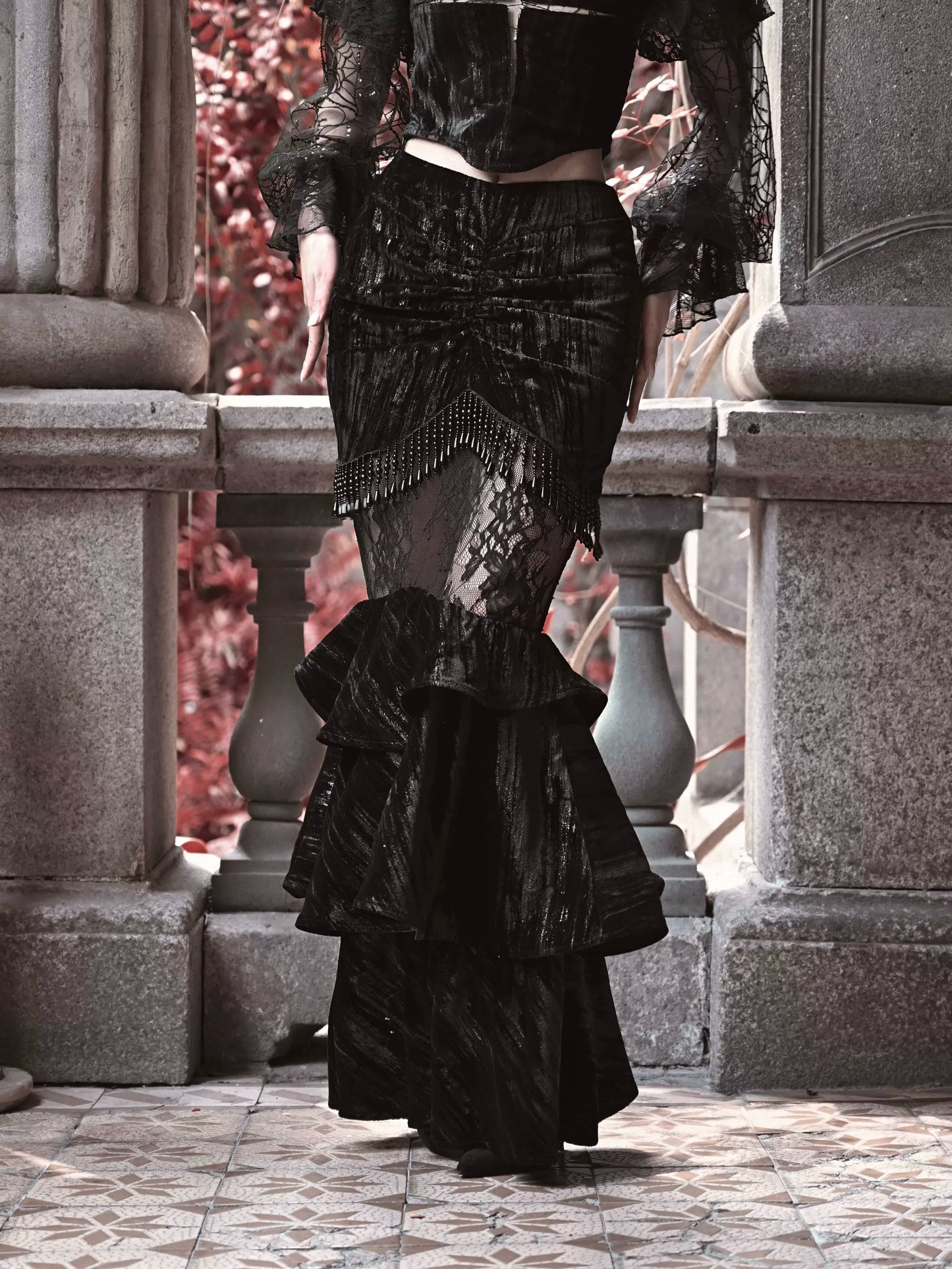 Dutchess Gothic Velvet Lace Sheer Hip Hugging Mermaid Skirt