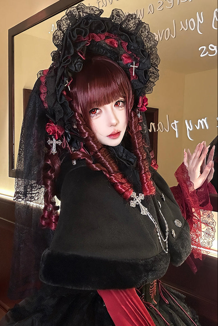 【12月8日予約締切】Black Mist Banquet ゴシックフーディーファーケープコート＋クロスチェーンブローチ