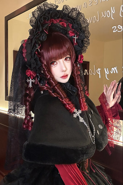 【12月8日予約締切】Black Mist Banquet ゴシックフーディーファーケープコート＋クロスチェーンブローチ