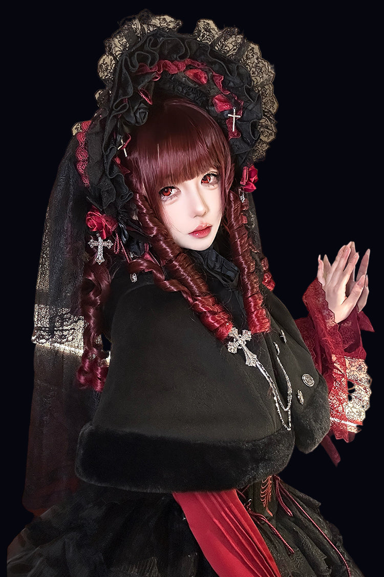 Black Mist Banquet Gothic Cross Rose Bonnet + Veil + Brooch